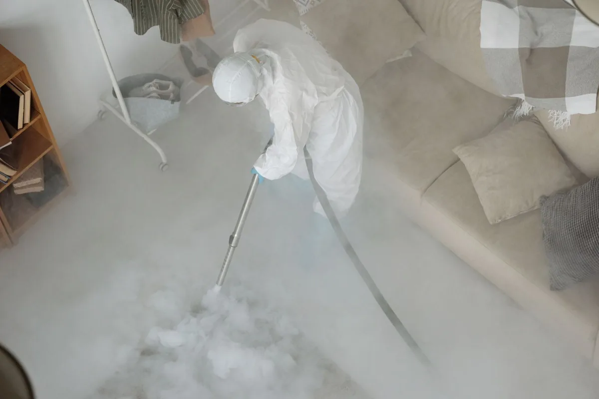 Biohazard cleanup technician in protective equipment, Lone Mountain, Las Vegas, NV